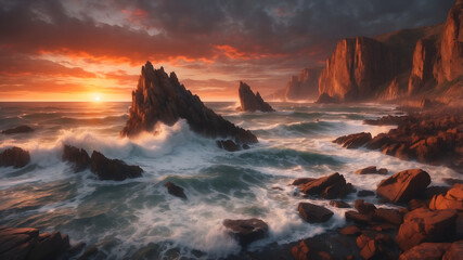 Obraz premium Rocky coastal landscape with crashing waves and vibrant sunset in digital game style and copy space