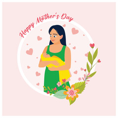 A mother holds a baby. Floral and heart-shaped background. Mother's Day concept. Flat vector illustration.
