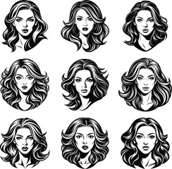 Hair Style women beauty face logo silhouette illustration vector art white background.