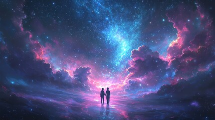 Fototapeta premium Couple holding hands in dreamy sky clouds Cosmic connection in vibrant galaxy backdrop