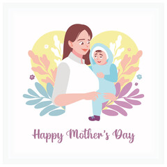 A mother holds a baby boy. Background of leaves and heart shape. Mother's Day concept. Flat vector illustration.