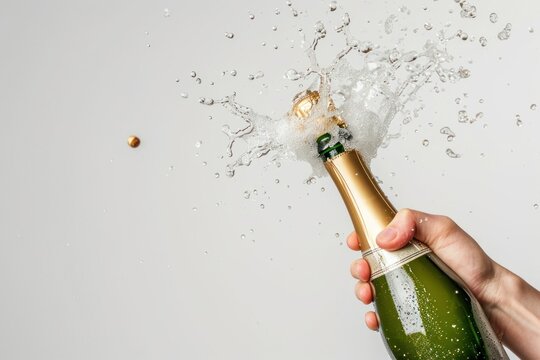 Hand holding champagne bottle opening with pop and flying cork celebration drink refreshment.