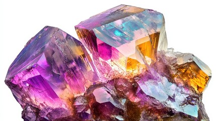 Vibrant amethyst crystal formation with iridescent hues and geometric patterns