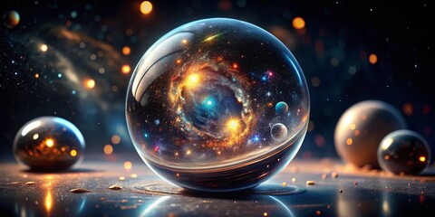 Miniature Universe in a Glass Sphere: A Stunning High Depth of Field Exploration of Space, Stars, and Galaxies in a Black Background - Photo Realistic Cinematic Light Setup