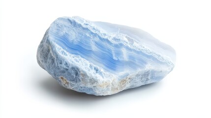 Polished blue agate stone on white background: detailed texture and natural patterns