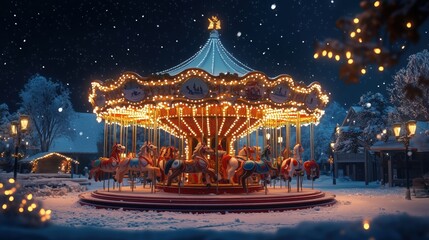 Winter Wonderland Carousel: A magical Christmas carousel spins under a snowfall, its warm lights illuminating a picturesque winter village.