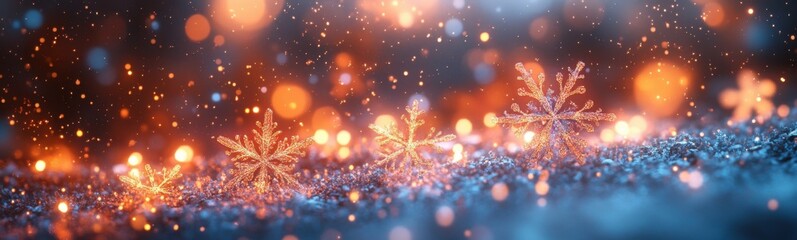 Fototapeta premium Snow flakes are glowing against a dark background with a blurry background