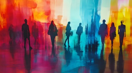Silhouetted Figures in Vibrant Abstract Backdrop Depicting Human Connection