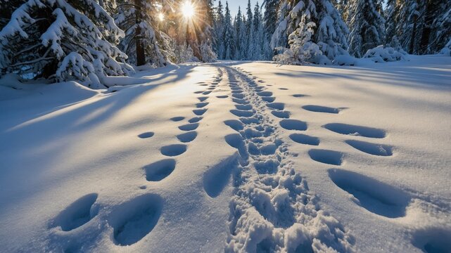 A close-up of footprints in freshly fallen snow, showcasing the intricate patterns and the contrast between the white snow and the dark footprints
