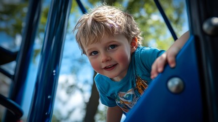 Laughter and adventure at the park: A boy navigating the playground.