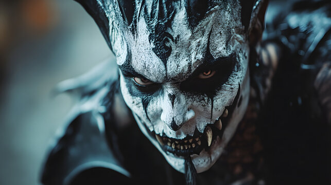 A haunting demon with elaborate face paint and sharp features.