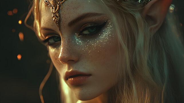 A haunting elf with mystical features and shimmering makeup.