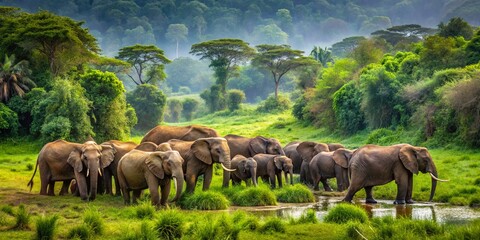 Fototapeta premium Minimalist Herd of Elephants Grazing in Lush Green Forest Setting, Captivating Tranquility of Nature, Wildlife Conservation, Serene Landscape, Majestic Creatures in Their Habitat