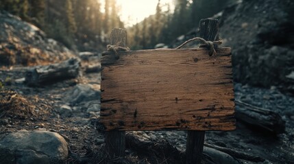 Fototapeta premium A rustic wooden signpost stands in a natural setting, suggesting a trail or direction.
