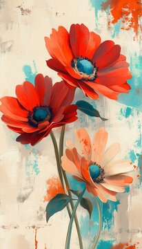 Bright and colorful digital floral wallpaper featuring oversized flowers in red, orange, and teal on a light background, stylized and slightly abstract,