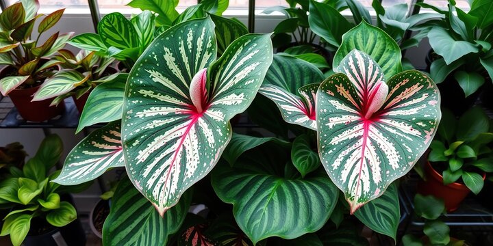 Close-up shot of a vibrant caladium plant displayed on a plant rack, greenery, display