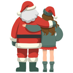 Back View of Santa Claus and Girl Illustration.