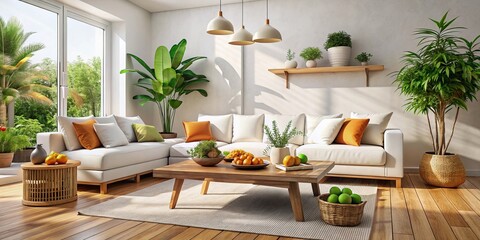 Fototapeta premium Minimalist Living Room with White Sofas, Natural Elements, and Food Photography - A Cozy, Inviting Space for Relaxation and Entertaining