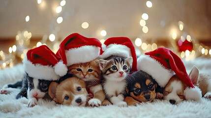 Adorable cat and puppies dressed in red Santa hats, cuddling on a white rug with festive lights twinkling behind