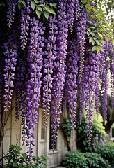 Elegant Showing Cascading wisteria vine, purple blossoms hanging in clusters.