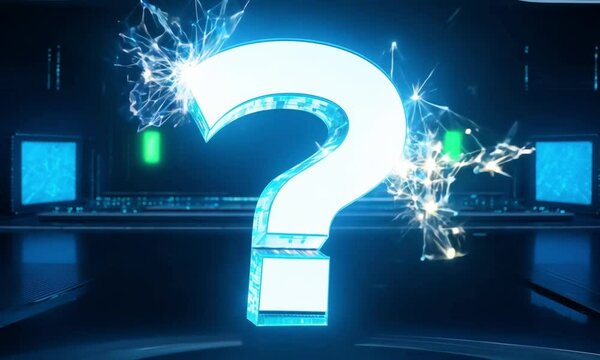 Glowing blue question mark in a futuristic tech environment.