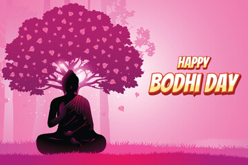 Buddha's Silhouette Meditating Near Peepal Tree Pink Background. Concept Design Vector Illustration For Bodhi Day, Buddha Purnima, Vesak, Rohatsu, Makha Bucha Etc.