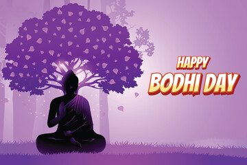 Buddha's Silhouette Meditating Near Peepal Tree Purple Background. Concept Design Vector Illustration For Bodhi Day, Buddha Purnima, Vesak, Rohatsu, Makha Bucha Etc.