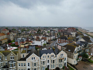 High Angle View of Most Beautiful and Attractive British Tourist Attraction Downtown Central Clacton on Sea City of England United Kingdom. Aerial Footage Was Captured on May 21st, 2024