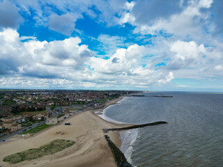 High Angle View of Most Beautiful and Attractive British Tourist Attraction Downtown Central Clacton on Sea City of England United Kingdom. Aerial Footage Was Captured on May 21st, 2024