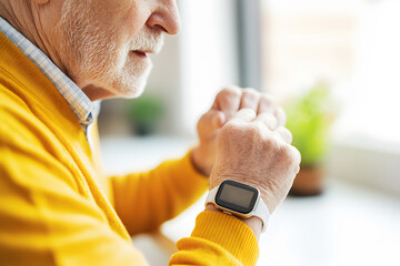 Senior Man Using Smartwatch. Horizontal photo