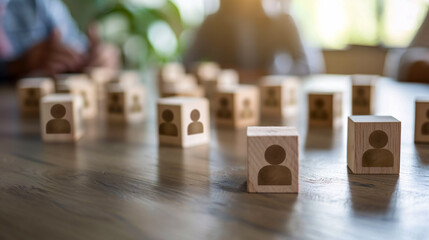 Social media or marketing networking concept using square wooden blocks with people icons.