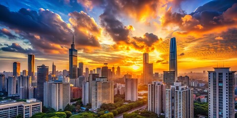 Obraz premium Minimalist Sunrise Cityscape: Stunning Urban Skyline with Soft Clouds and Vibrant Colors Over Modern Buildings