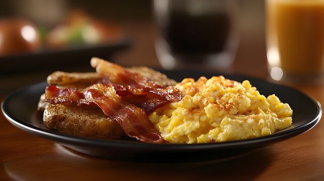 Hearty Classic American Breakfast with Scrambled Eggs,Bacon,and Hash Browns