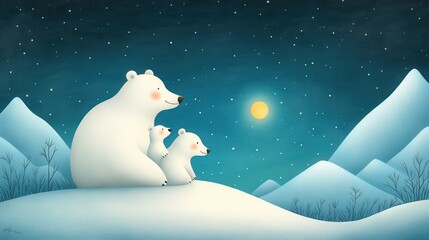Obraz premium A charming scene featuring a mother polar bear with her two cubs against a snowy landscape under a starry sky.