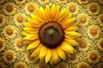 Fototapeta premium Large yellow sunflower petals with dark centers in a repeating pattern on a textured wallpaper background, nature-inspired designs, bright and cheerful decor