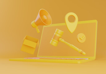 Laptop computer and wood hammer pastel on background, professional Business concept, benefit management, legal service, Cyber ​​Law, digital legal service, Labor law, tax online platform, 3D rendering