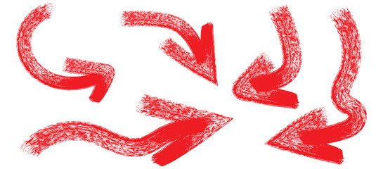 Various bold brush drawn curved arrows. Collection doodle marker thick multi colored arrows in different directions. Hand drawn vector direction pointers. Curved and wavy brush strokes with scratches.