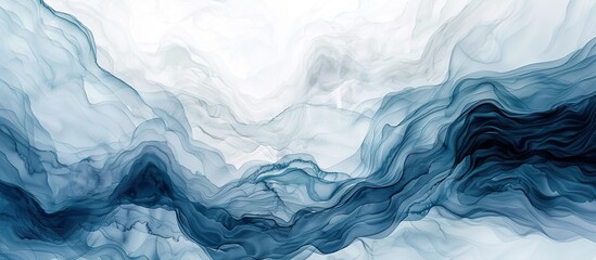 The image is a blue and white watercolor abstract painting of a wave