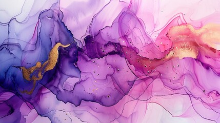 Fototapeta premium A painting of purple and gold swirls with a gold line in the middle. Fluid Blur texture. Abstract background.