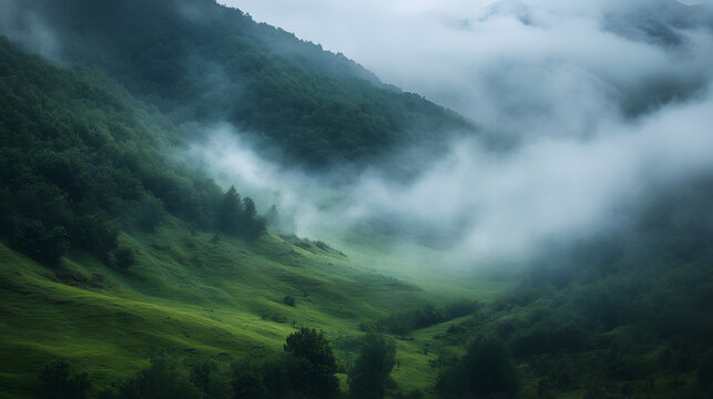 A hidden valley wrapped in fog, holding untold mysteries.