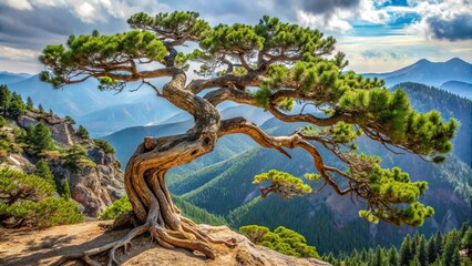 Pine tree with unique twisted trunk and gnarled branches in a scenic mountainous area, wilderness, pine, trunk, nature, branches