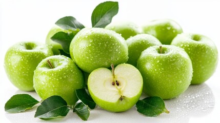 Obraz premium Fresh Green Apples with Water Droplets and Leaves on White Background