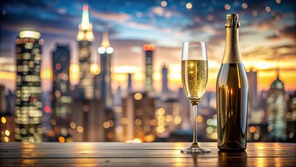 Sparkling wine in a sleek glass bottle against a blurred cityscape, refined, wine, high end, urban