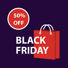 Fototapeta premium Neon Black Friday background featuring 50 percent discount. Vector illustration or promotional designs, retail sales and eye-catching advertising campaigns