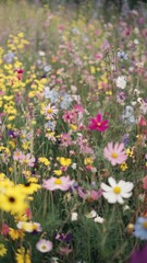 Fototapeta premium Close-Up of Meadow with Pink and Yellow Wildflowers Against Green Background