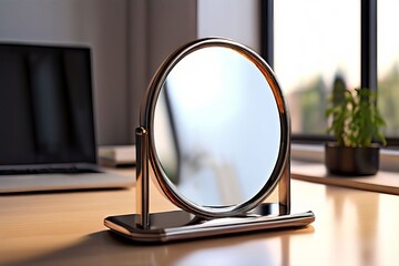 Fototapeta premium desk mirror a small desk mirror reflecting the office surroundin