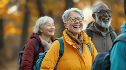 A diverse group of senior friends, including an elderly African American man and woman with gray hair, smiling at the camera while hiking in nature