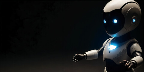 Fototapeta premium White humanoid robot head with blue illuminated eye on a dark background. Studio portrait of futuristic android. Science fiction and artificial intelligence concept. Design for poster, cover, banner