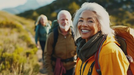 A diverse group of senior adults smiling and walking outdoors, representing the joyful social life enjoyed by those who participate in community activities