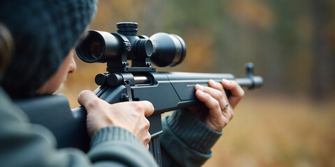 Concept of shooting, hunting close-up. A man shoots from a pneumatic weapon in nature close-up. Air rifle parts and copy space. No.0010